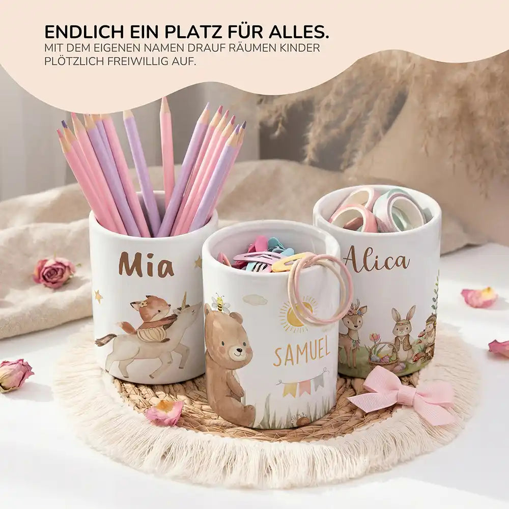 Personalisierter Stiftehalter Bär Sommer - personalisiertes Geschenk mit Wunschnamen