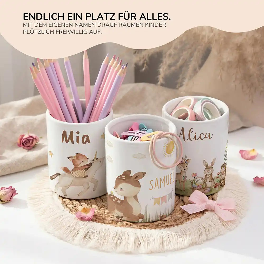Personalisierter Stiftehalter Rehkitz Sonne - personalisiertes Geschenk mit Wunschnamen