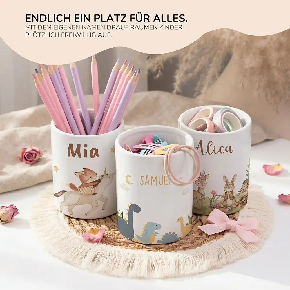 Personalisierter Stiftehalter Dinosaurier Mond - personalisiertes Geschenk mit Wunschnamen