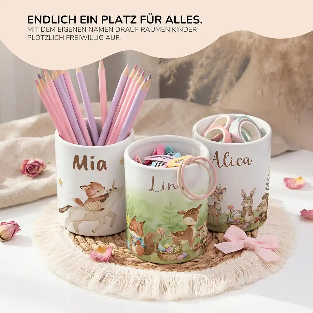 Personalisierter Stiftehalter Ostern Reh & Fuchs - personalisiertes Geschenk mit Wunschnamen