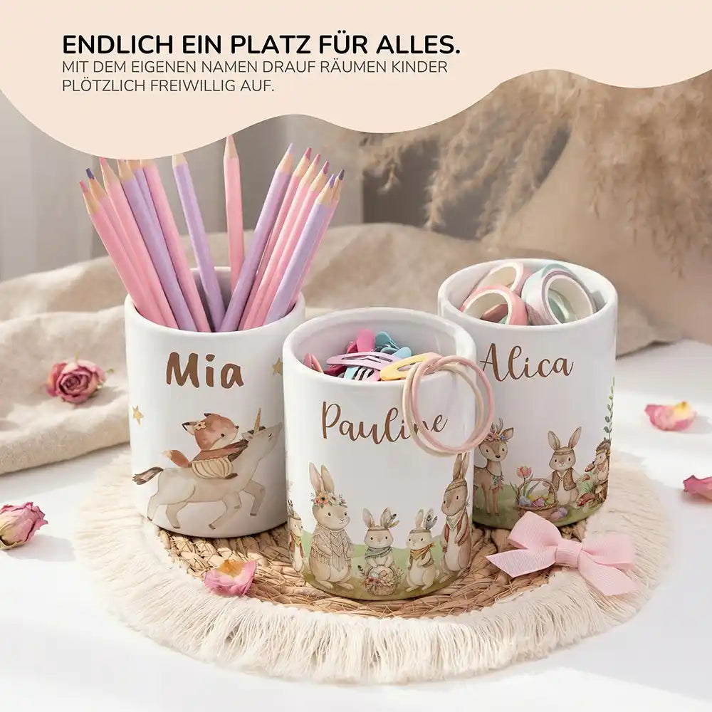 Personalisierter Stiftehalter Boho-Hasen - personalisiertes Geschenk mit Wunschnamen