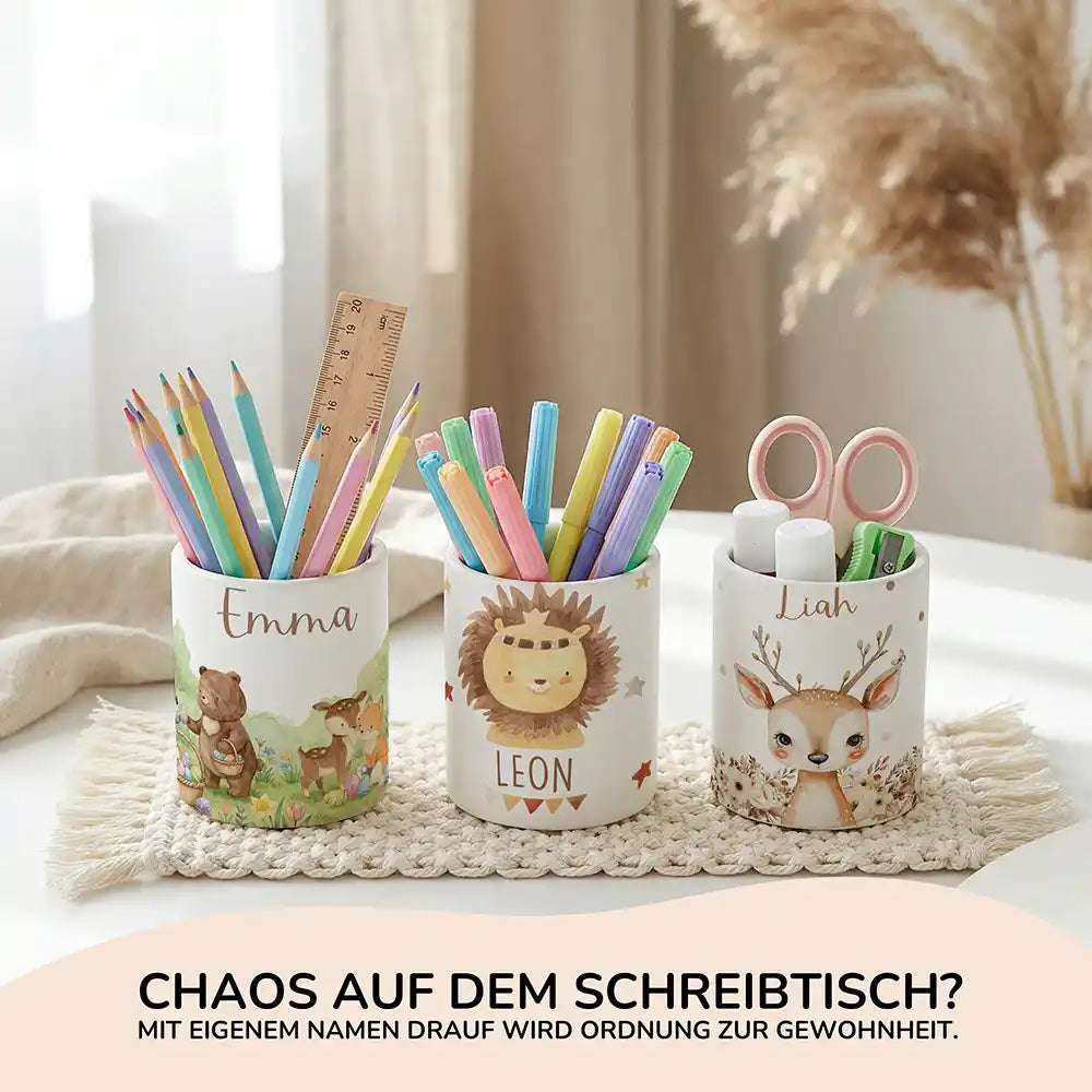 Personalisierte Spardose Löwe Boho – Keramik & Bambus mit Wunschname