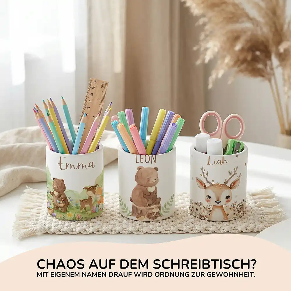 Personalisierte Spardose Bär Wald – Keramik & Bambus mit Wunschname