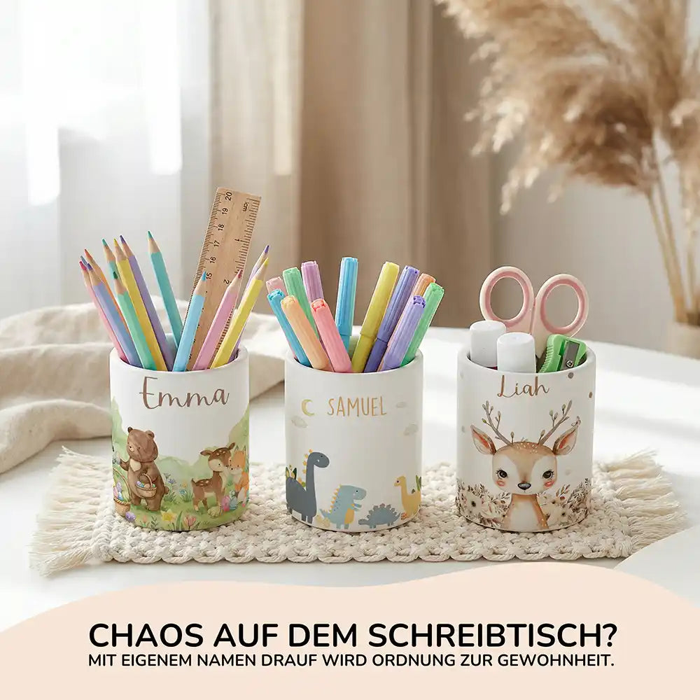 Personalisierte Spardose Dinosaurier Mond – Keramik & Bambus mit Wunschname