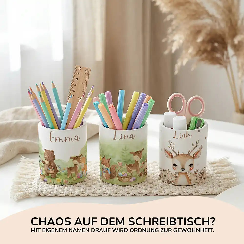 Personalisierte Spardose Ostern Reh & Fuchs – Keramik & Bambus mit Wunschname