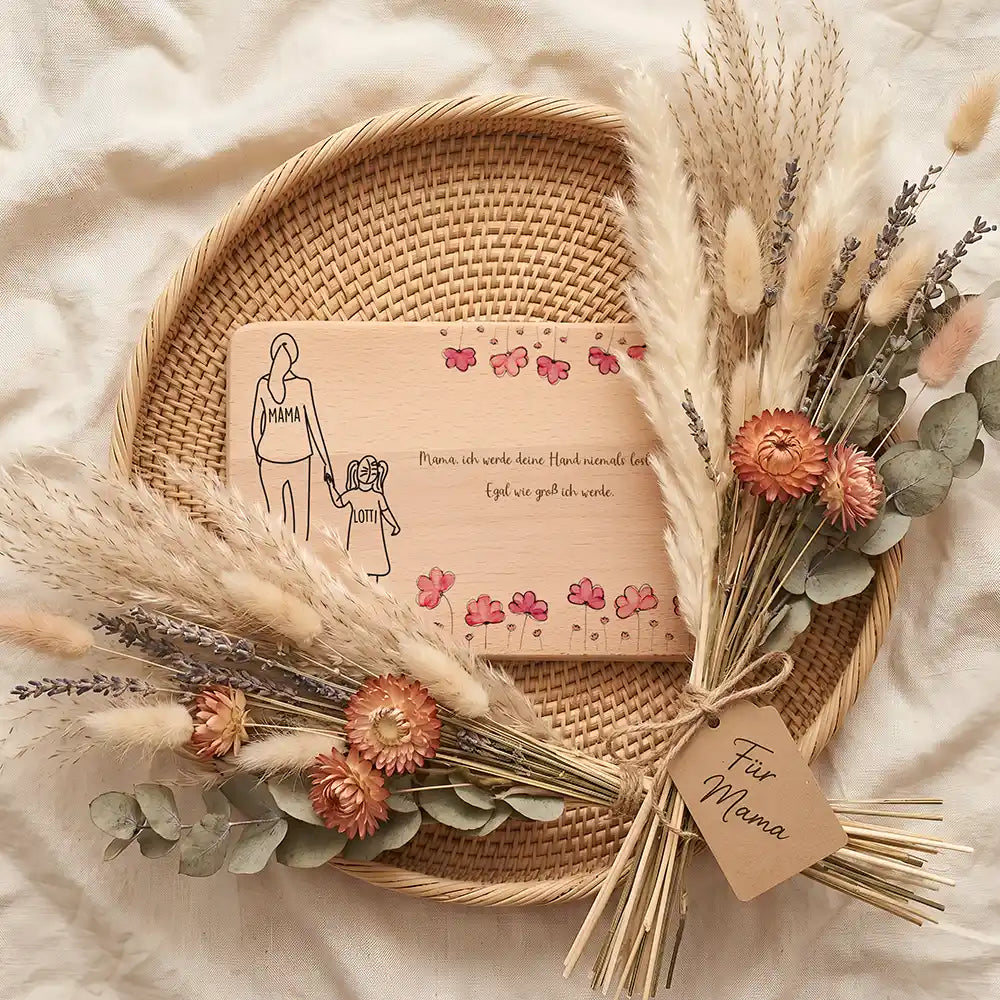 Personalisiertes Frühstücksbrettchen Muttertag Mama & Tochter Mohnblumen – Vollansicht Topdown