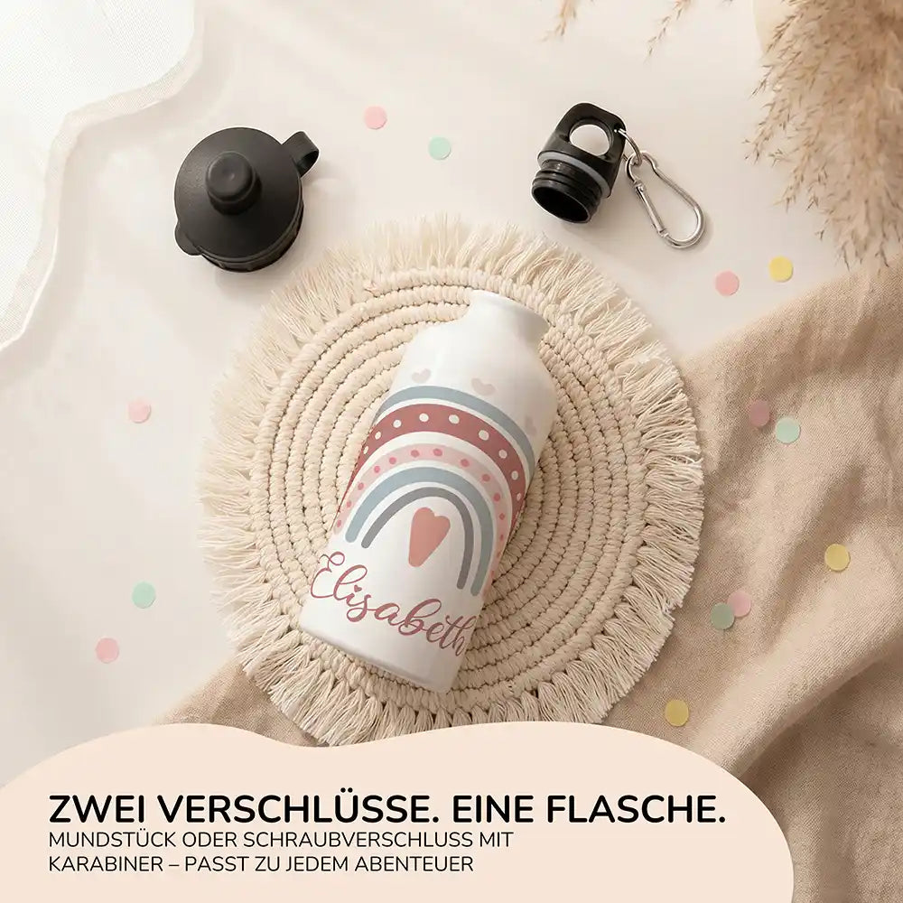 Personalisierte Trinkflasche Kinder Boho-Regenbogen Herzen – Alu für Schule, Sport & Ausflug
