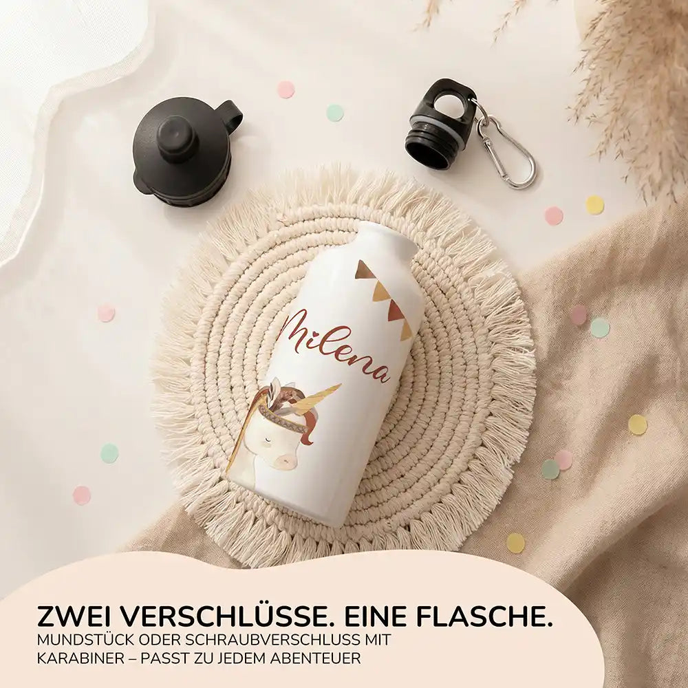 Personalisierte Trinkflasche Kinder Einhorn Indianer – Alu für Schule, Sport & Ausflug