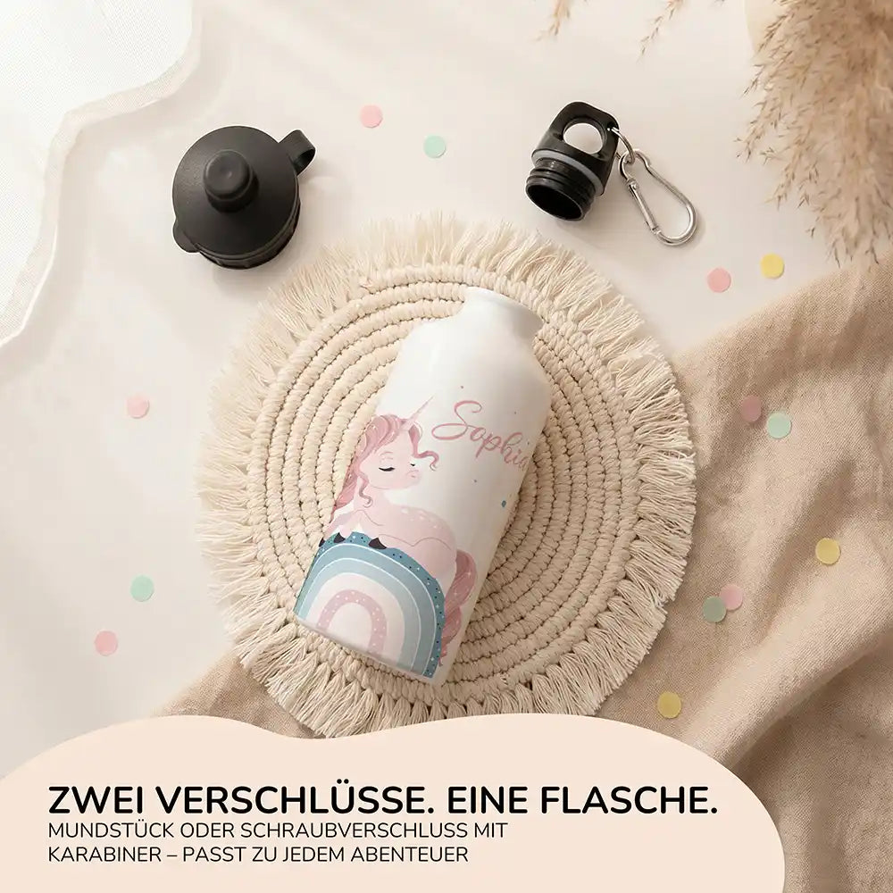 Personalisierte Trinkflasche Kinder Einhorn Rosa Regenbogen – Alu für Schule, Sport & Ausflug