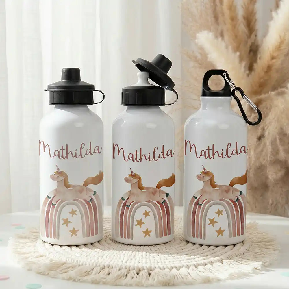 Personalisierte Trinkflasche Kinder Einhorn Boho-Regenbogen – Einschulungs-Set mit Brotdose
