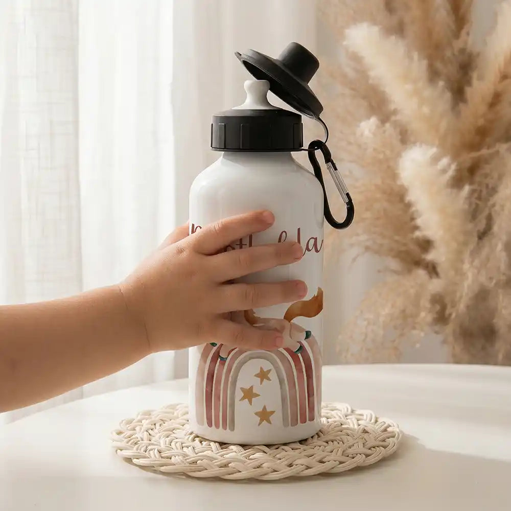 Personalisierte Trinkflasche Kinder Einhorn Boho-Regenbogen – Mundstück & Schraubverschluss Detail