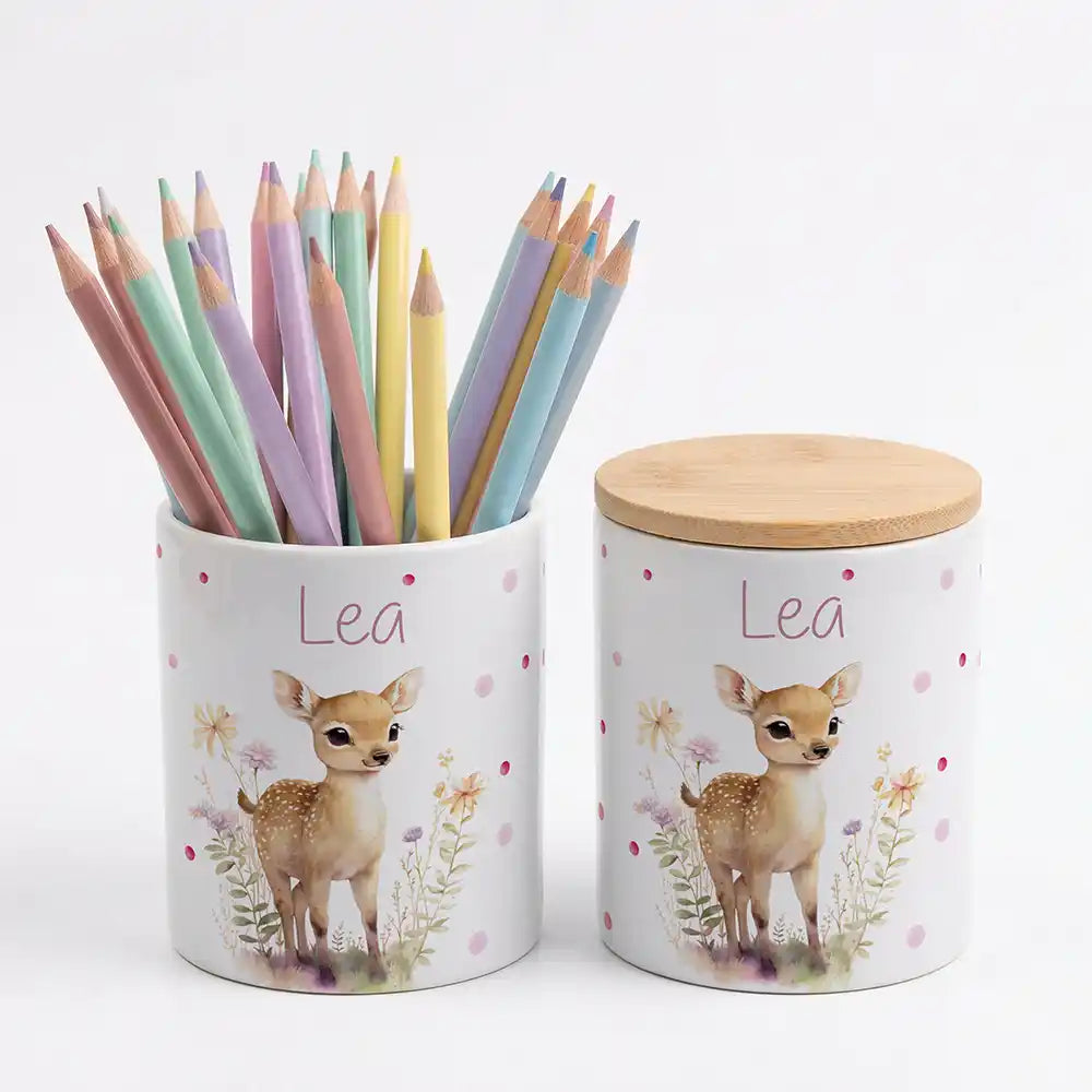 Personalisierte Keksdose Rehkitz Blumenwiese - Geschenk zur Taufe, Geburt, Einschulung