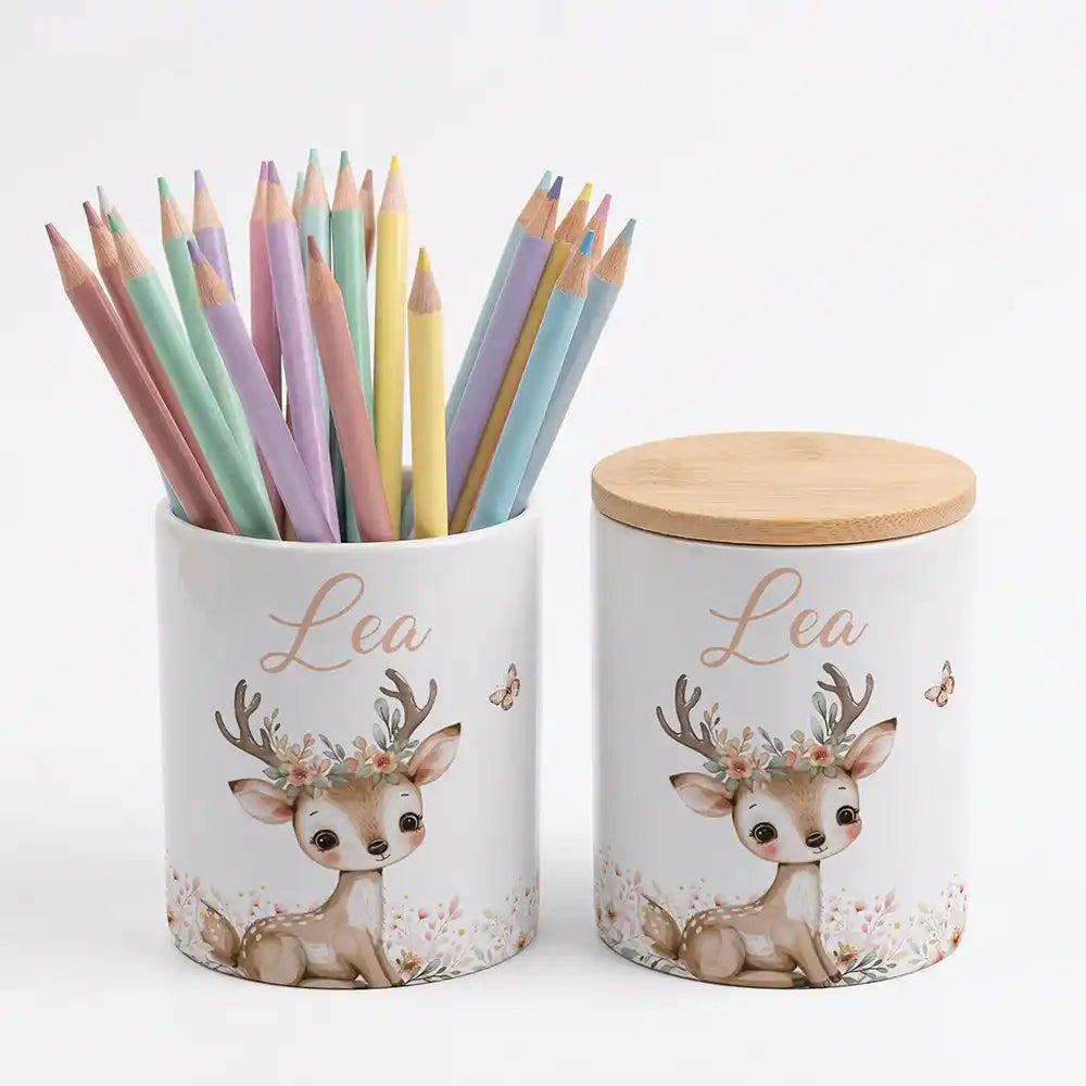 Personalisierte Keksdose Reh Blumenkranz - Geschenk zur Taufe, Geburt, Einschulung