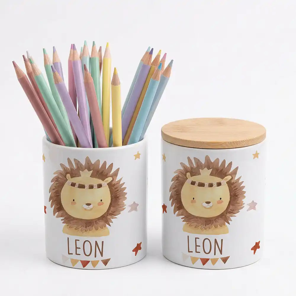 Personalisierte Keksdose Löwe Boho - Geschenk zur Taufe, Geburt, Einschulung