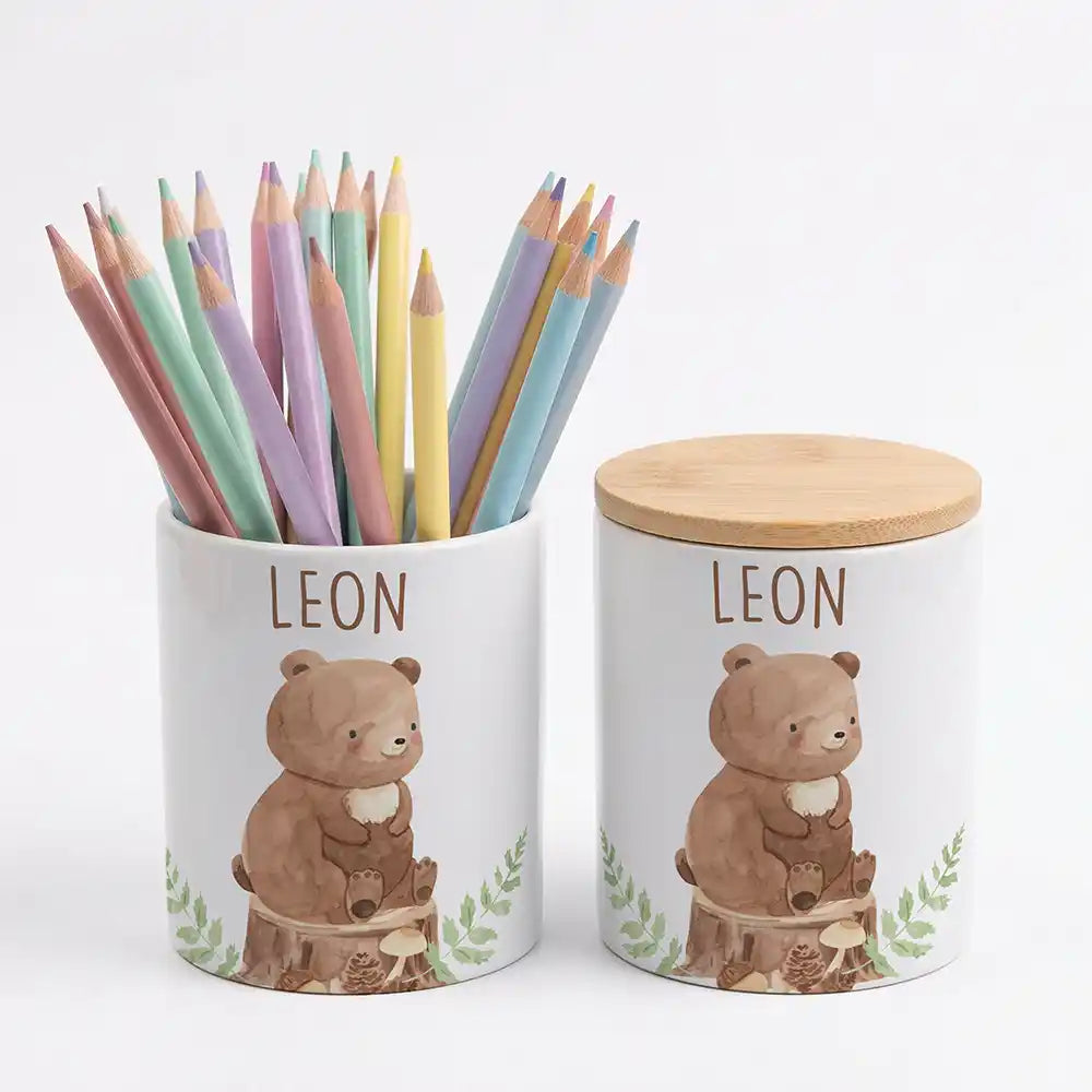 Personalisierte Keksdose Bär Wald - Geschenk zur Taufe, Geburt, Einschulung
