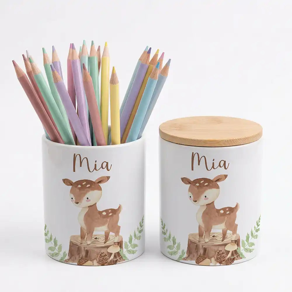 Personalisierte Keksdose Rehkitz Wald - Geschenk zur Taufe, Geburt, Einschulung