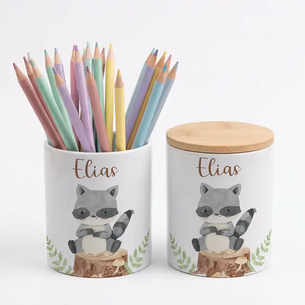 Personalisierte Keksdose Waschbär Wald - Geschenk zur Taufe, Geburt, Einschulung