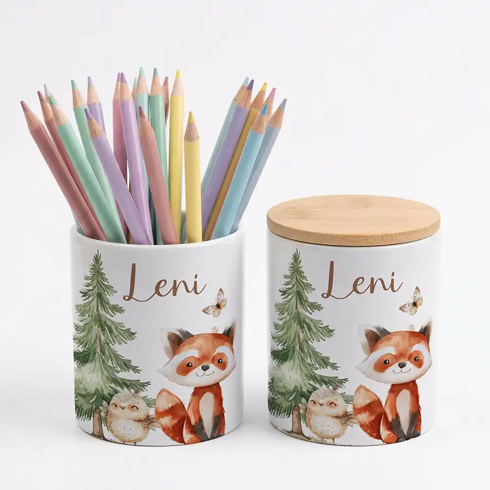 Personalisierte Keksdose Roter Panda & Eule - Geschenk zur Taufe, Geburt, Einschulung