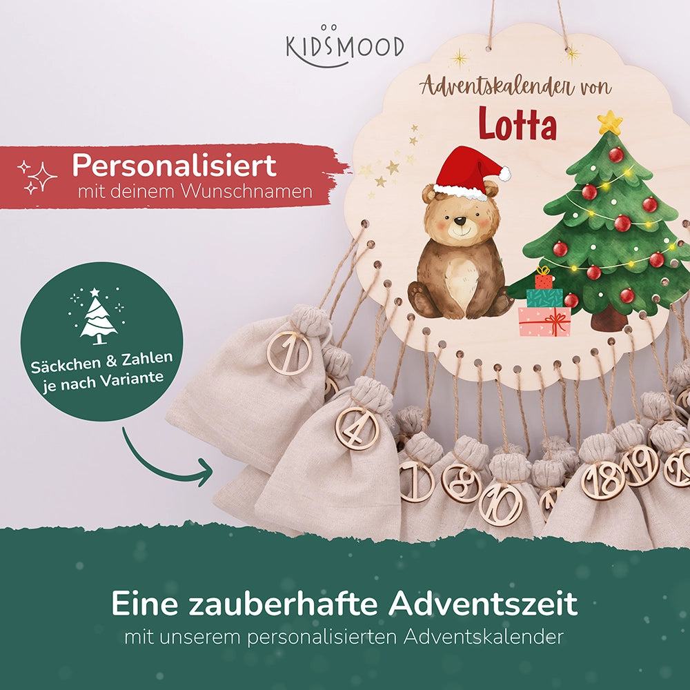Personalisierter runder Adventskalender Kinder aus Holz  - Weihnachtsbär
