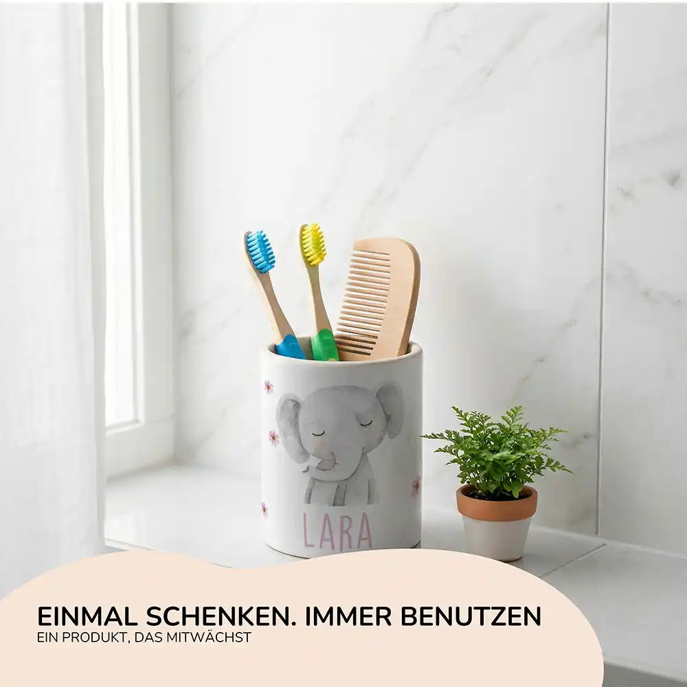 Personalisierter Stiftehalter Elefant Blumen - Geschenk zur Einschulung mit Namen