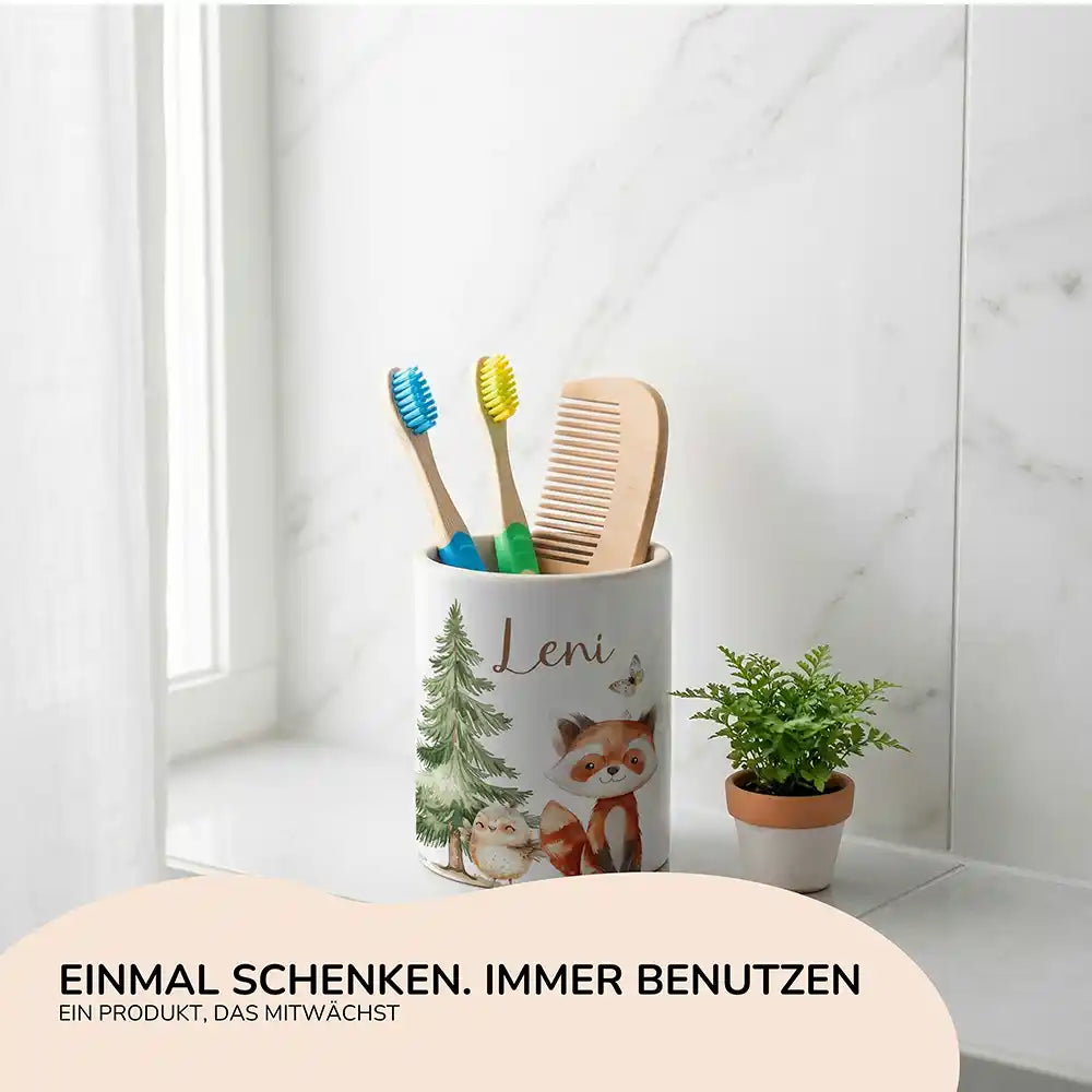 Personalisierter Stiftehalter Roter Panda & Eule - Geschenk zur Einschulung mit Namen