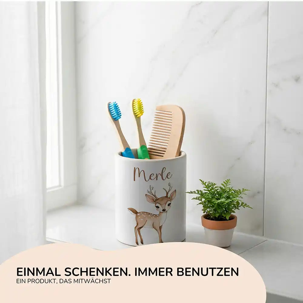 Personalisierter Stiftehalter Rehkitz Bambi - Geschenk zur Einschulung mit Namen