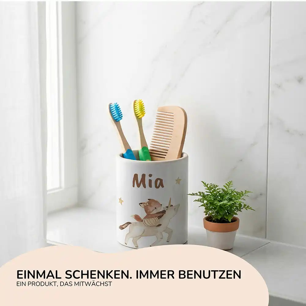Personalisierter Stiftehalter Fuchs & Einhorn - Geschenk zur Einschulung mit Namen