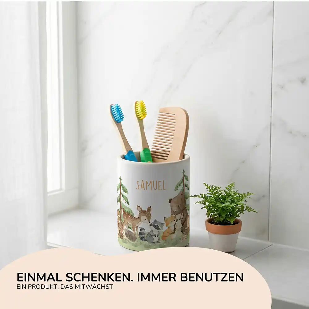 Personalisierter Stiftehalter Waldfreunde III - Geschenk zur Einschulung mit Namen