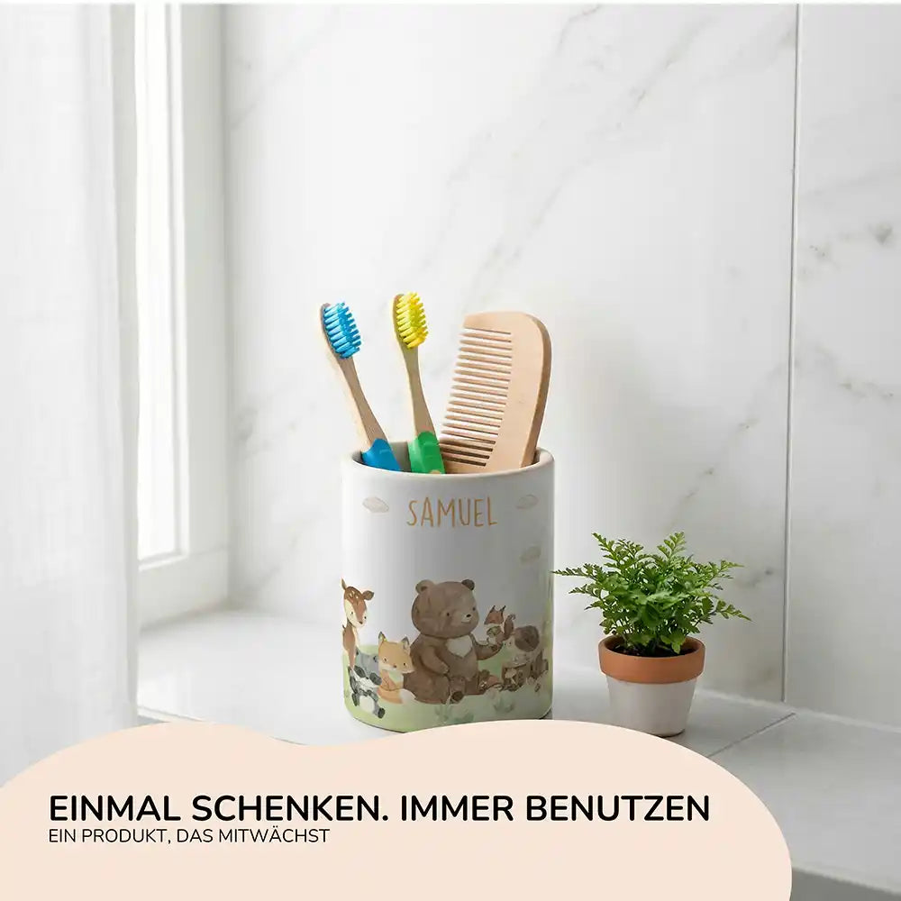 Personalisierter Stiftehalter Waldfreunde IV - Geschenk zur Einschulung mit Namen