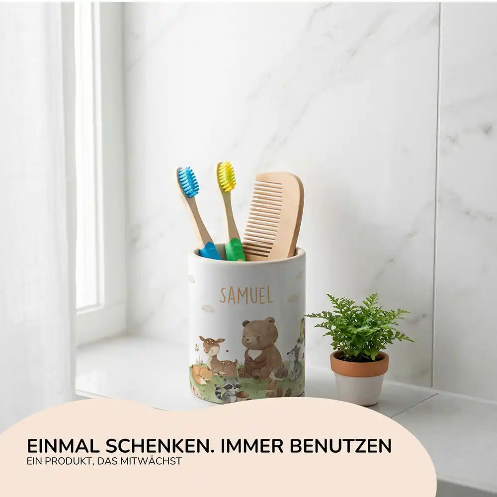 Personalisierter Stiftehalter Waldfreunde VI - Geschenk zur Einschulung mit Namen