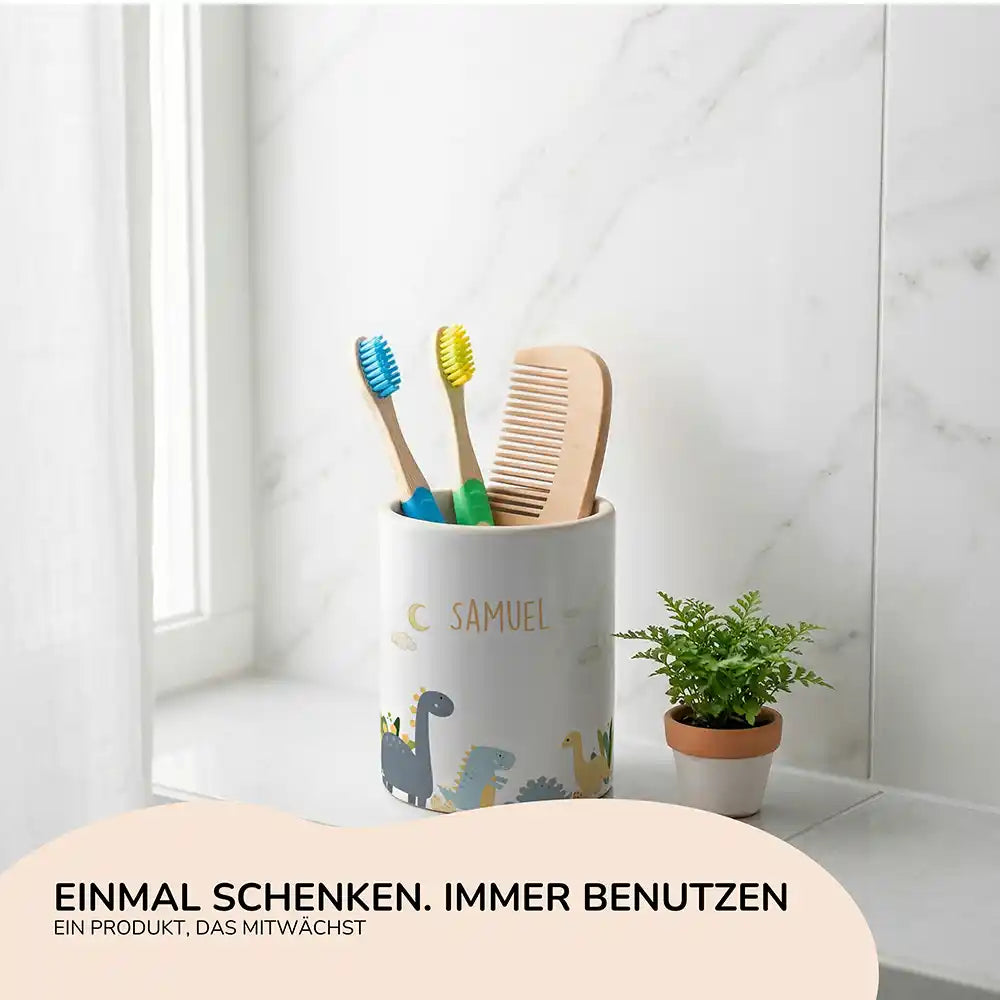 Personalisierter Stiftehalter Dinosaurier Mond - Geschenk zur Einschulung mit Namen