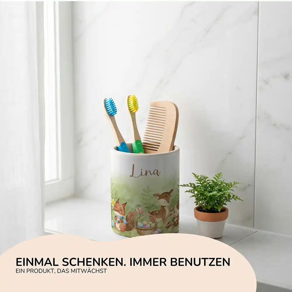 Personalisierter Stiftehalter Ostern Reh & Fuchs - Geschenk zur Einschulung mit Namen
