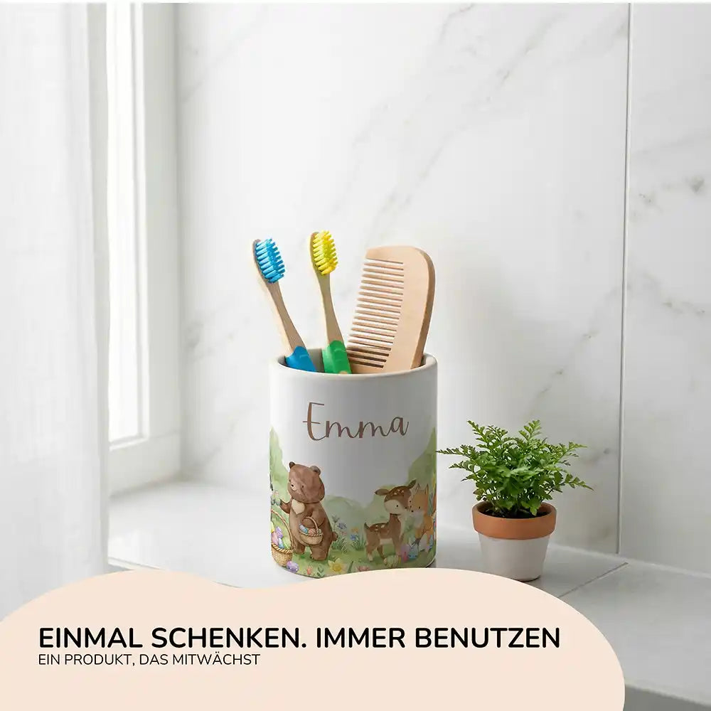 Personalisierter Stiftehalter Ostern Bärenfamilie - Geschenk zur Einschulung mit Namen