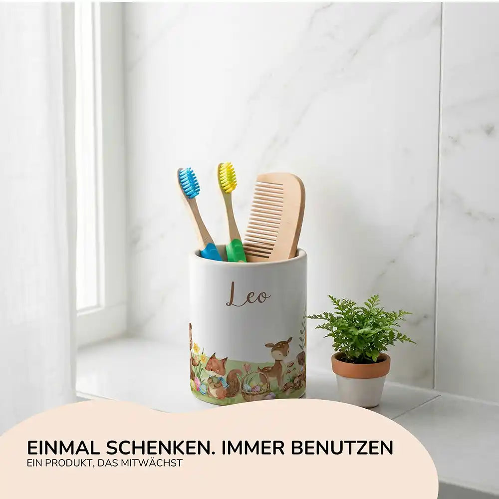 Personalisierter Stiftehalter Ostern Frühlingswiese - Geschenk zur Einschulung mit Namen