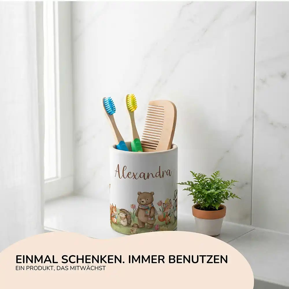 Personalisierter Stiftehalter Herbst-Waldtiere - Geschenk zur Einschulung mit Namen