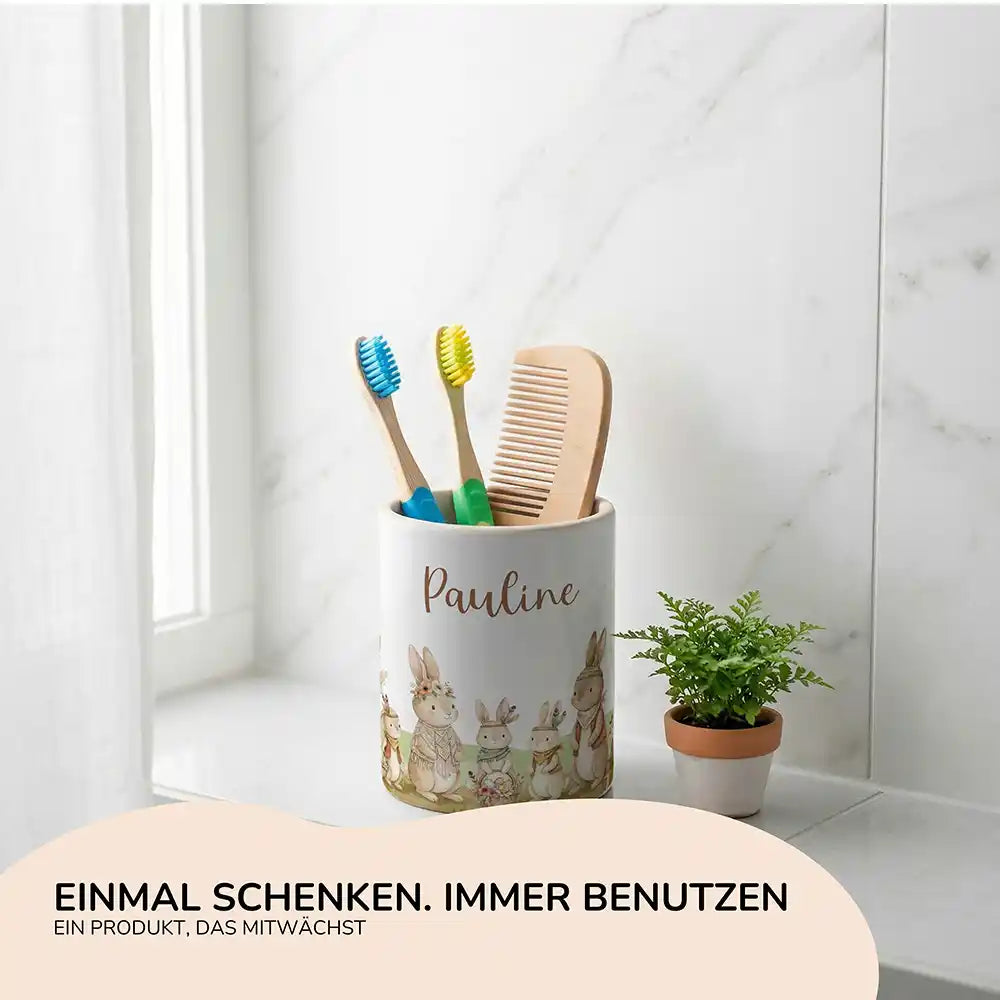 Personalisierter Stiftehalter Boho-Hasen - Geschenk zur Einschulung mit Namen