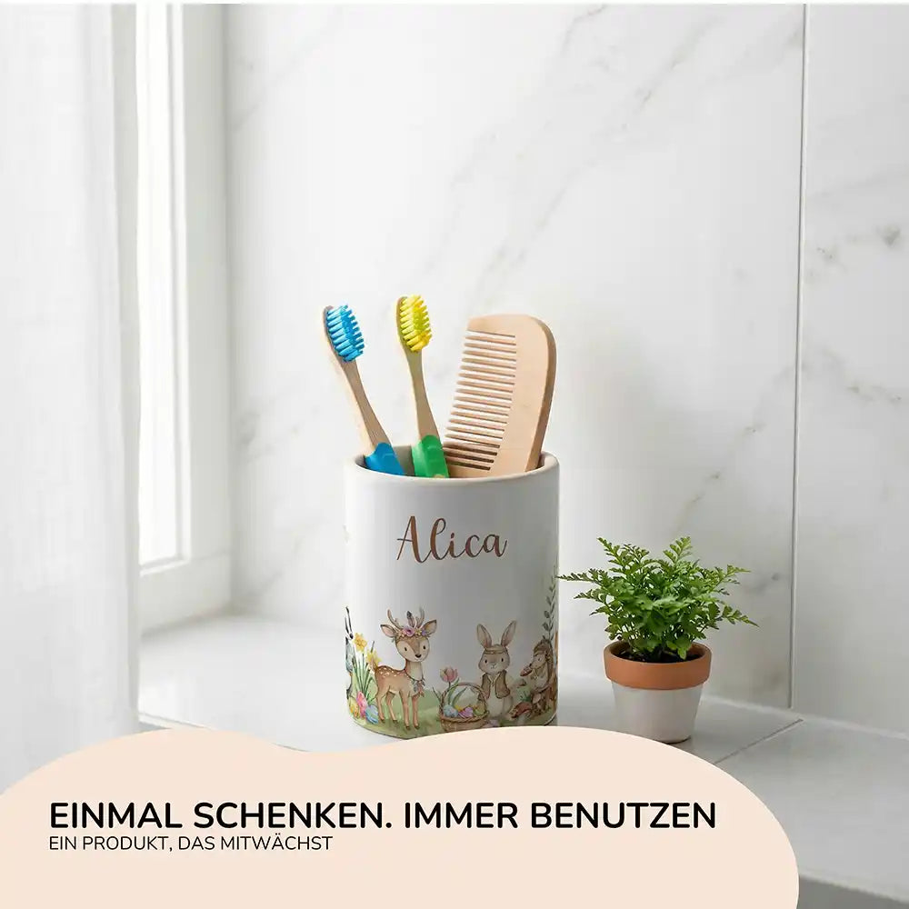 Personalisierter Stiftehalter Ostern Waldtiere-Treff - Geschenk zur Einschulung mit Namen