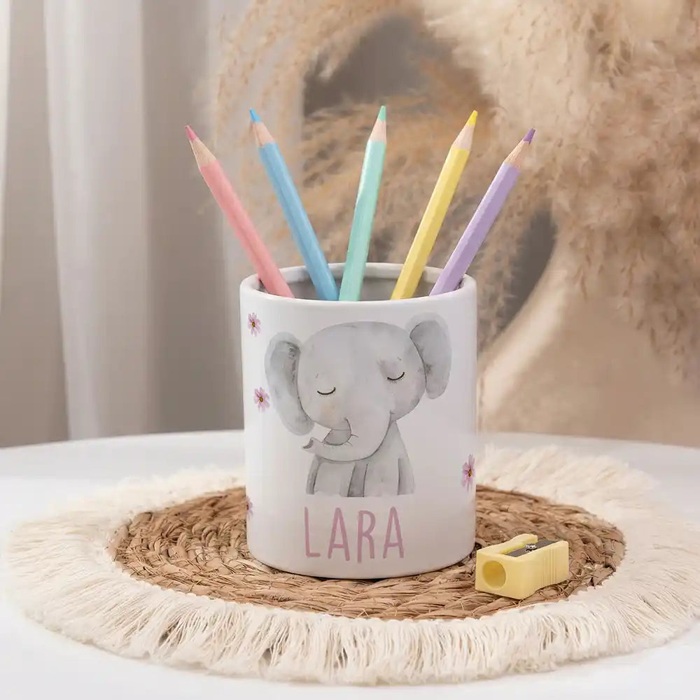 Personalisierter Stiftehalter Elefant Blumen - personalisiert mit Wunschname