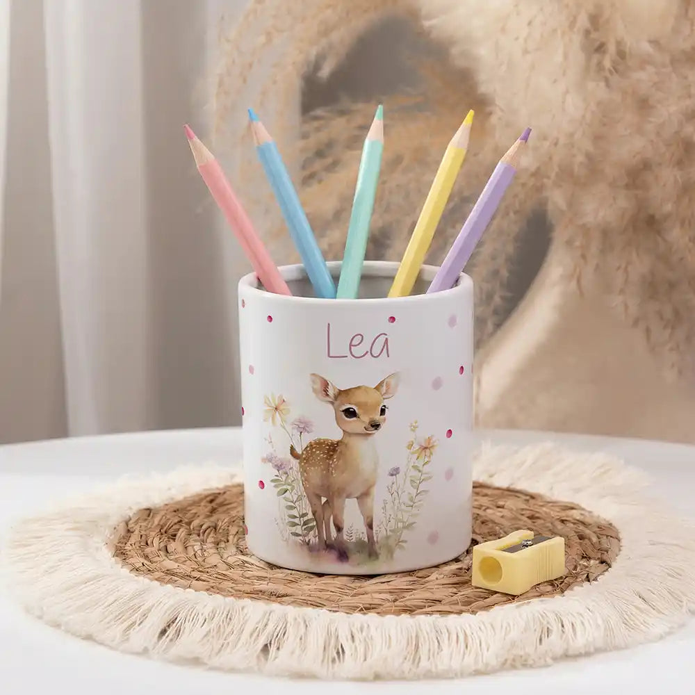 Personalisierter Stiftehalter Rehkitz Blumenwiese - personalisiert mit Wunschname