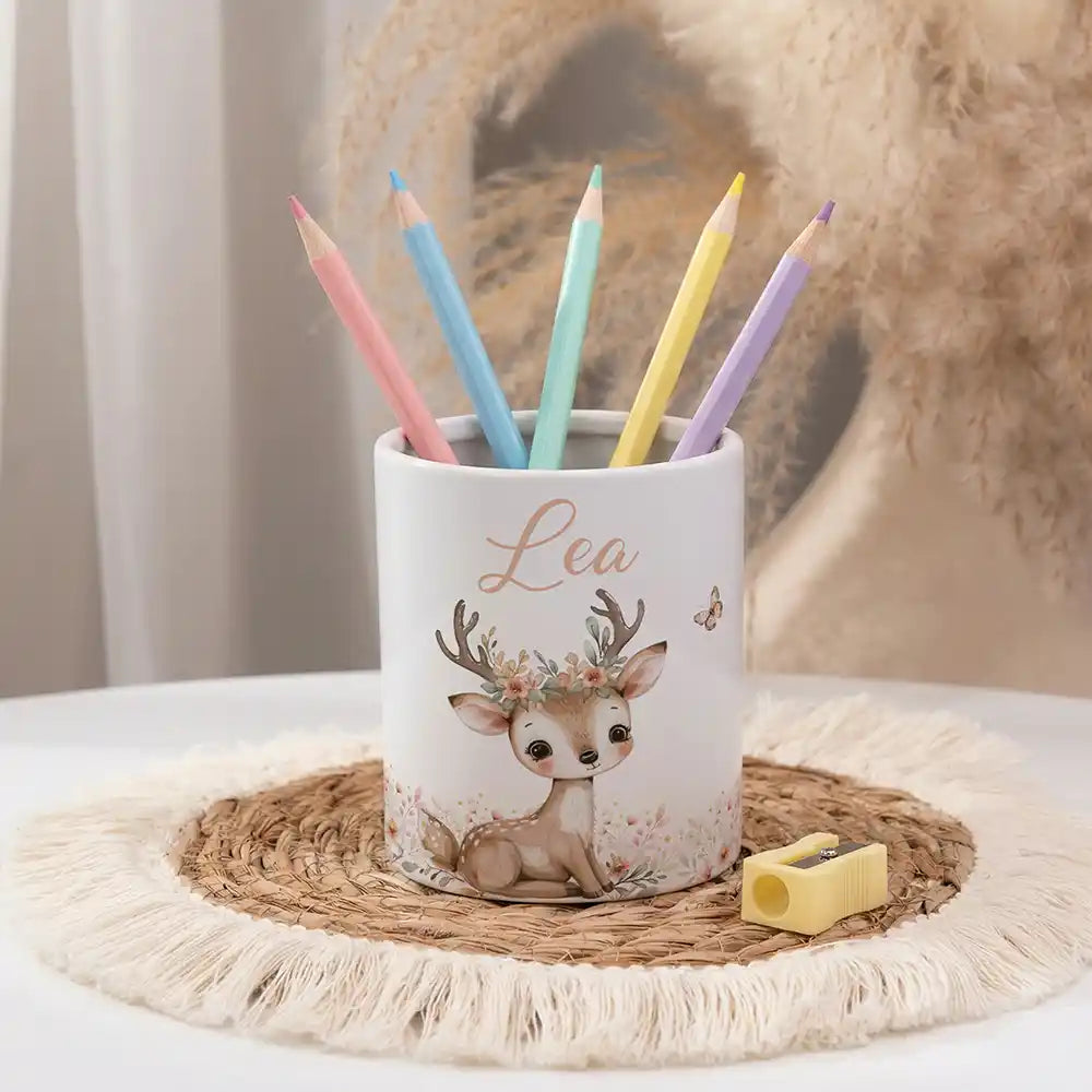 Personalisierter Stiftehalter Reh Blumenkranz - personalisiert mit Wunschname