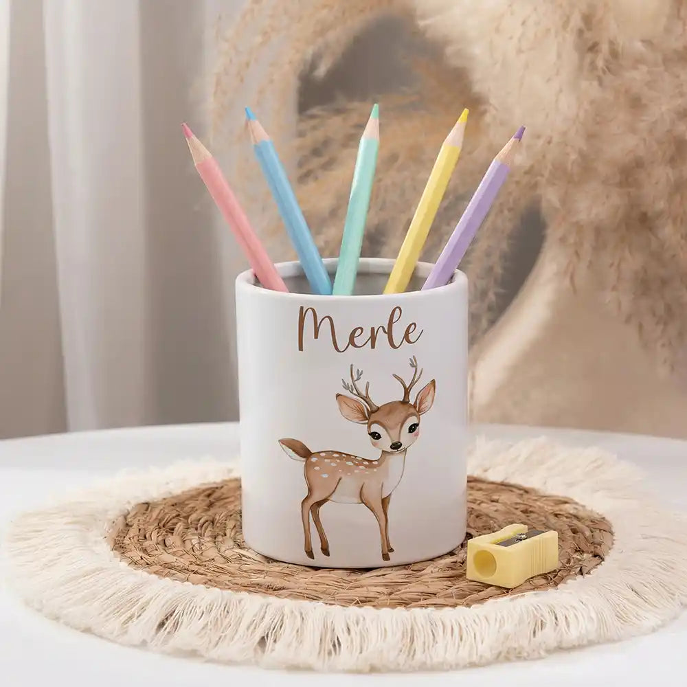 Personalisierter Stiftehalter Rehkitz Bambi - personalisiert mit Wunschname