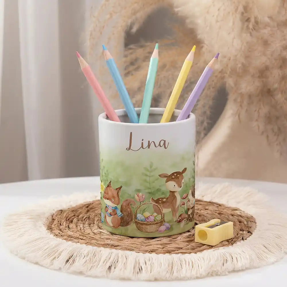 Personalisierter Stiftehalter Ostern Reh & Fuchs - personalisiert mit Wunschname
