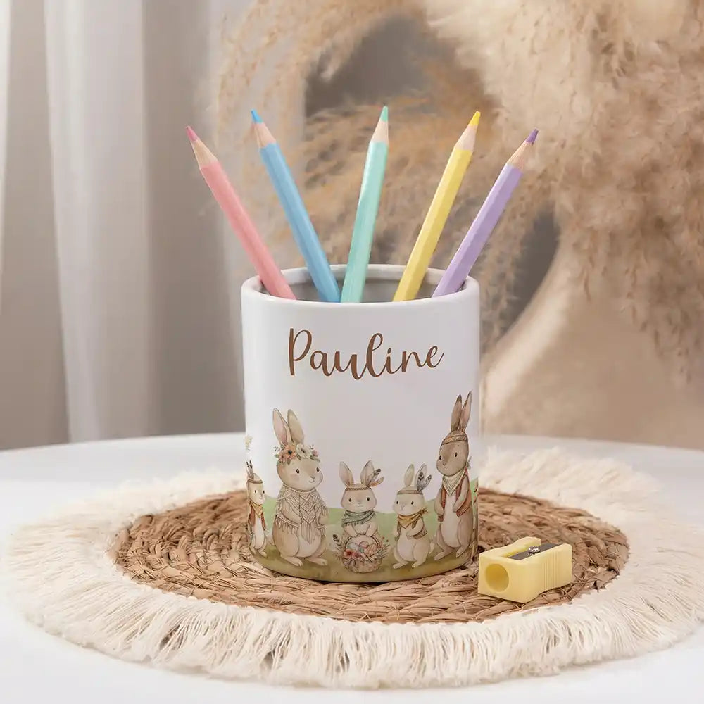 Personalisierter Stiftehalter Boho-Hasen - personalisiert mit Wunschname