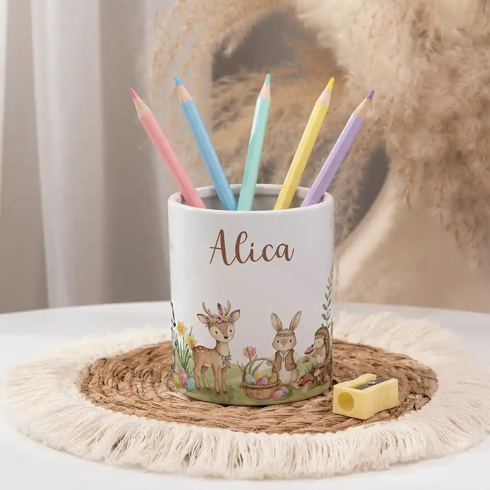 Personalisierter Stiftehalter Ostern Waldtiere-Treff - personalisiert mit Wunschname