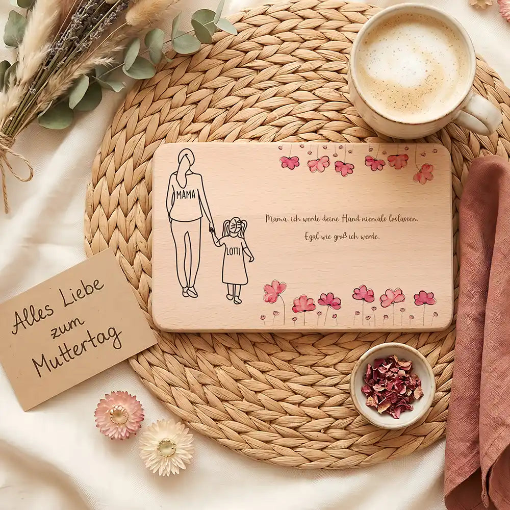 Personalisiertes Frühstücksbrettchen Muttertag Mama & Tochter Mohnblumen – Geschenk-Komposition Boho-Flatlay