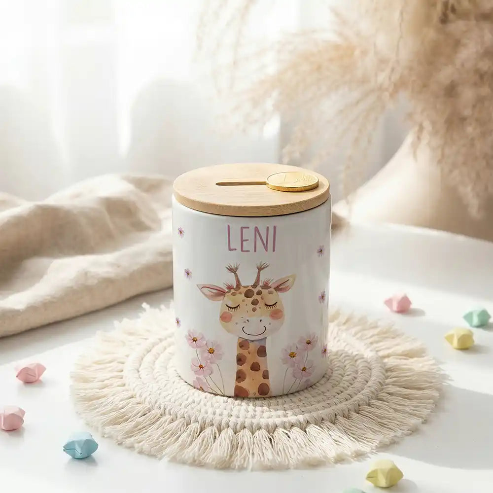 Personalisierte Spardose Giraffe Blumen – Keramik & Bambus mit Wunschname