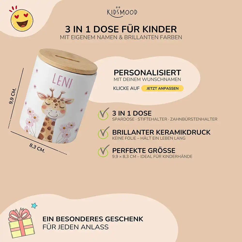 Personalisierte Spardose Giraffe Blumen – Keramik & Bambus mit Wunschname