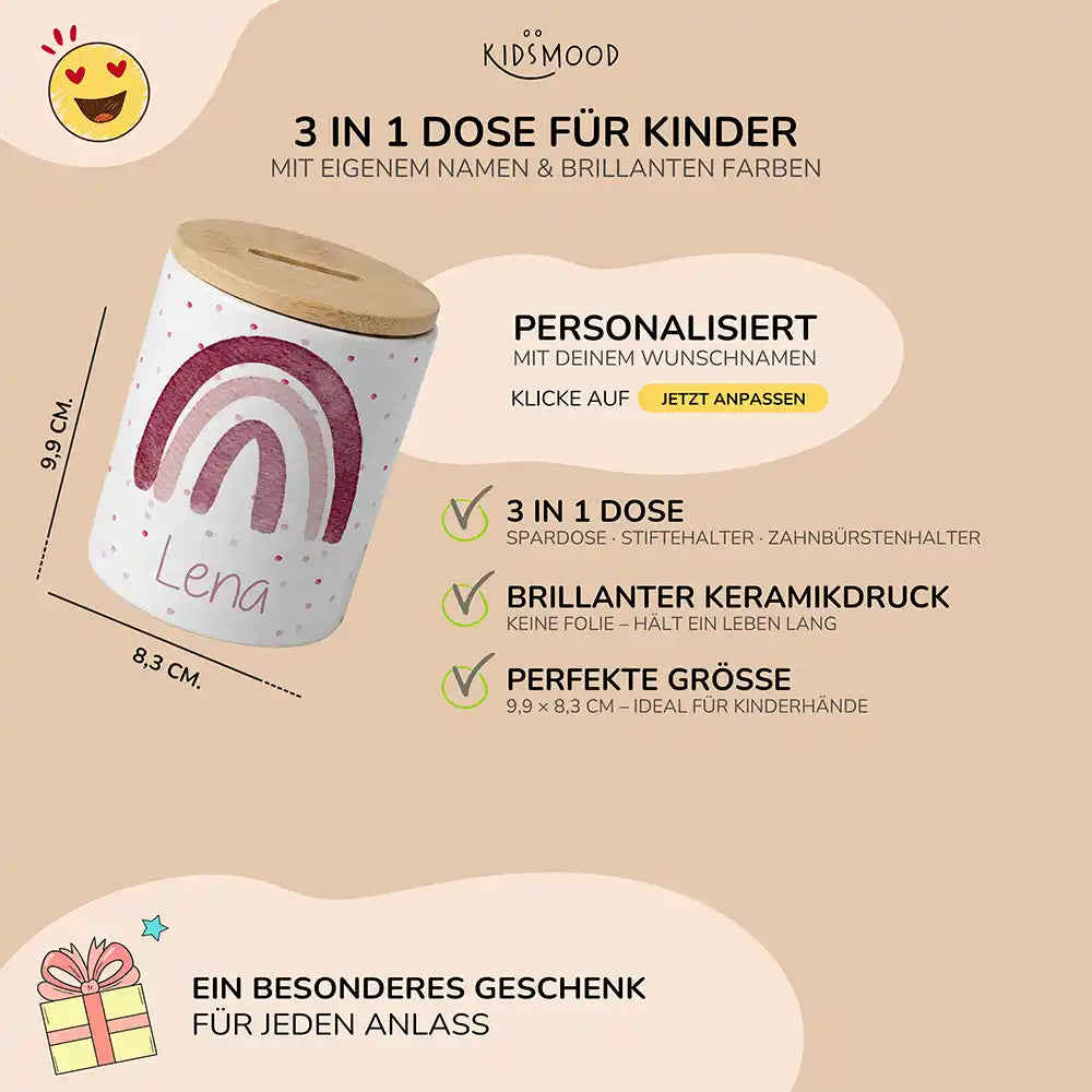Personalisierte Spardose Regenbogen Rosa – Keramik & Bambus mit Wunschname