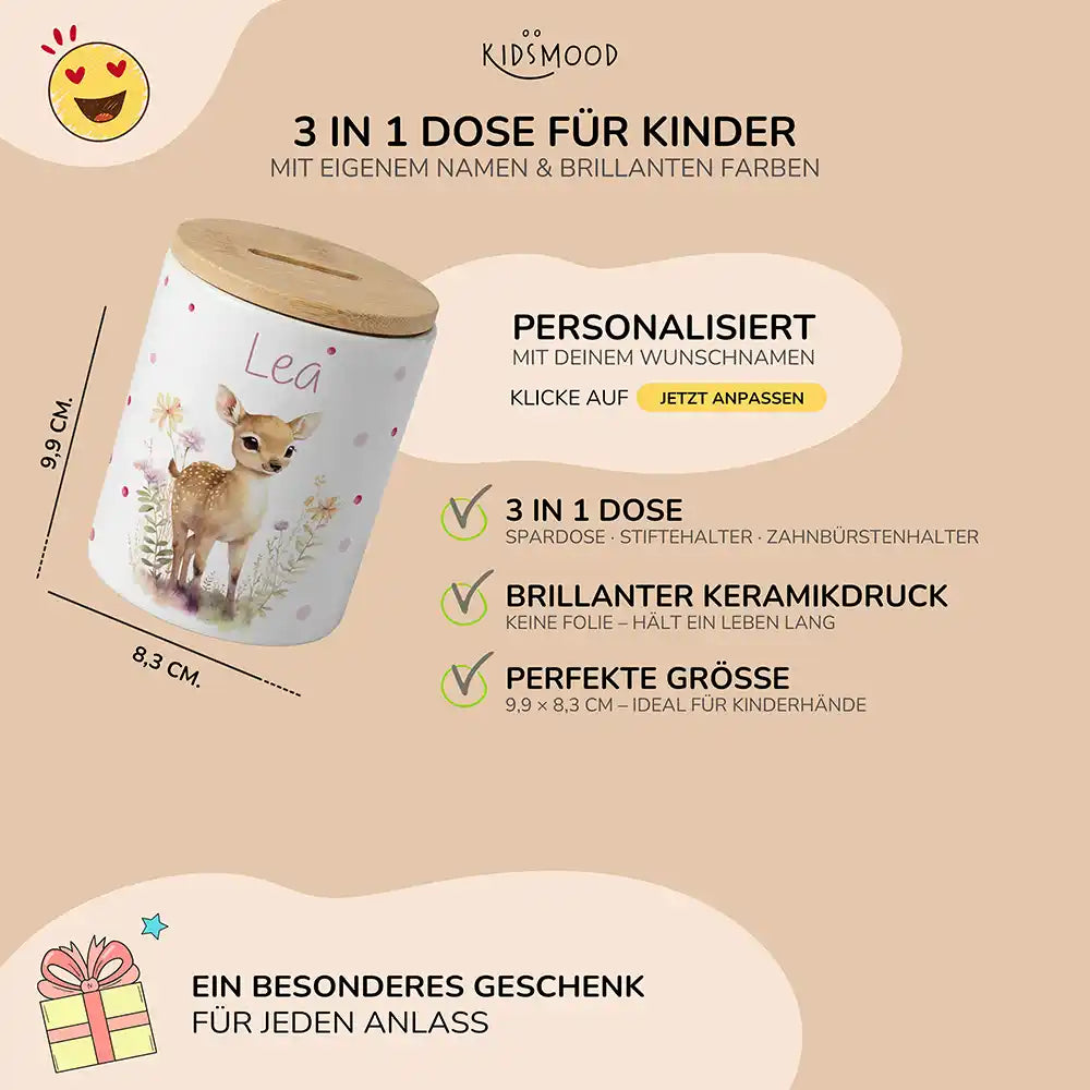 Personalisierte Spardose Rehkitz Blumenwiese – Keramik & Bambus mit Wunschname