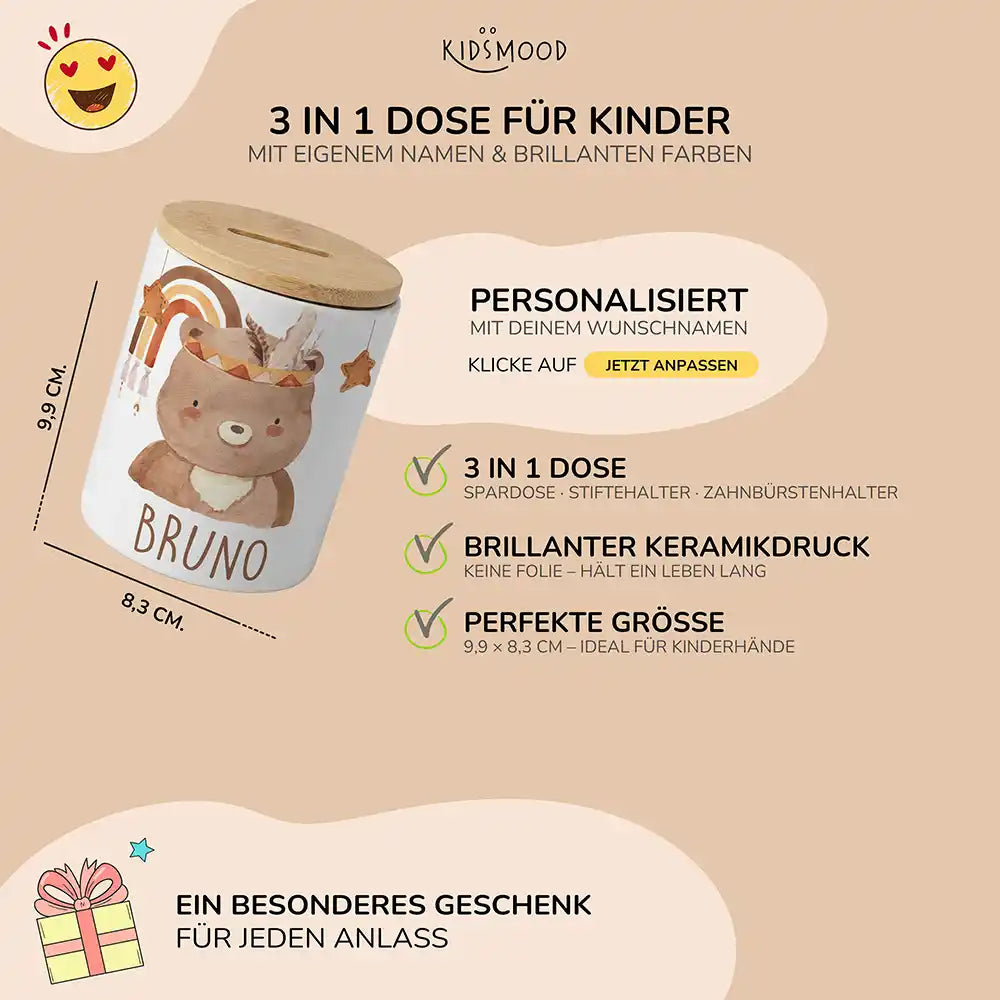 Personalisierte Spardose Boho-Bär – Keramik & Bambus mit Wunschname
